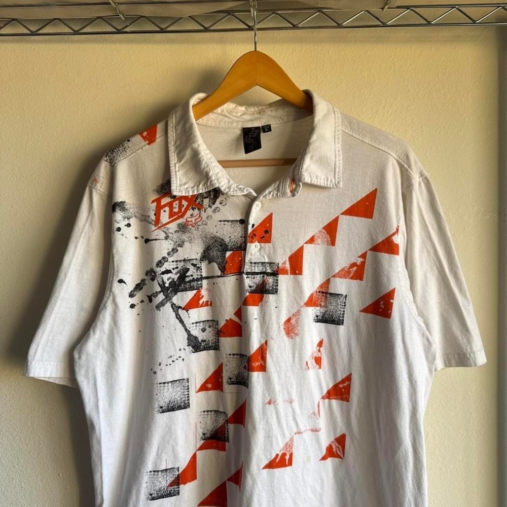 Fox Racing Y2K Polo Shirt Orange Geometric Triangle Print Motocross Skater XL